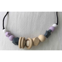 Collier d'allaitement et portage en bois et silicone Violet et gris