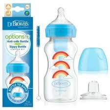 Dr Brown BIBERON OPTIONS+ WIDE-NECK BABY BOTTLE WITH SIPPY SPOUT 2-IN-1 TRANSITION KIT Bleu 270 ml ( compatible avec l’allaitement)