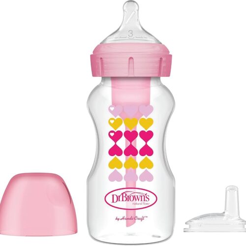 Dr Brown BIBERON OPTIONS+ WIDE-NECK BABY BOTTLE WITH SIPPY SPOUT 2-IN-1 TRANSITION KIT Rose 270 ml ( compatible avec l’allaitement)