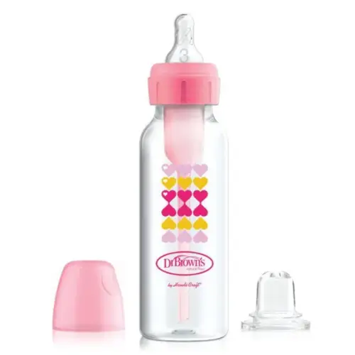 Dr Brown Biberon OPTIONS+ KIT DE TRANSITION 2 EN 1 POUR BEC ÉTROIT AVEC BEC VERSEUR Rose 250 ml