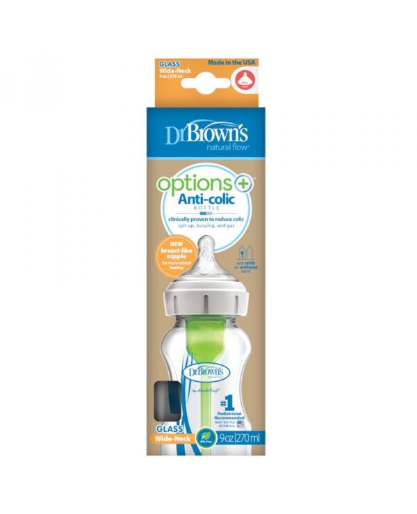 Dr. Brown’s Options+ Wide Neck Anti-collic col large en verre 270ml ( compatible allaitement)