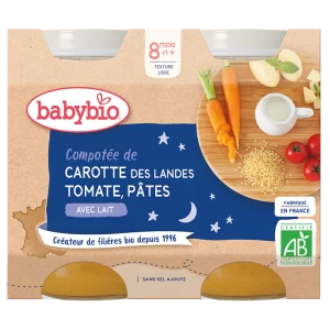 BABYBIO POT BONNE NUIT COMPOTEE CAROTTE DES LANDES TOMATE PÂTES 8m - 2x200g