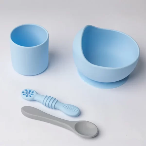 YUMMY Coffret Repas en Silicone - Bol Verre Deux Cuillères - 4M+ Bleu Ciel