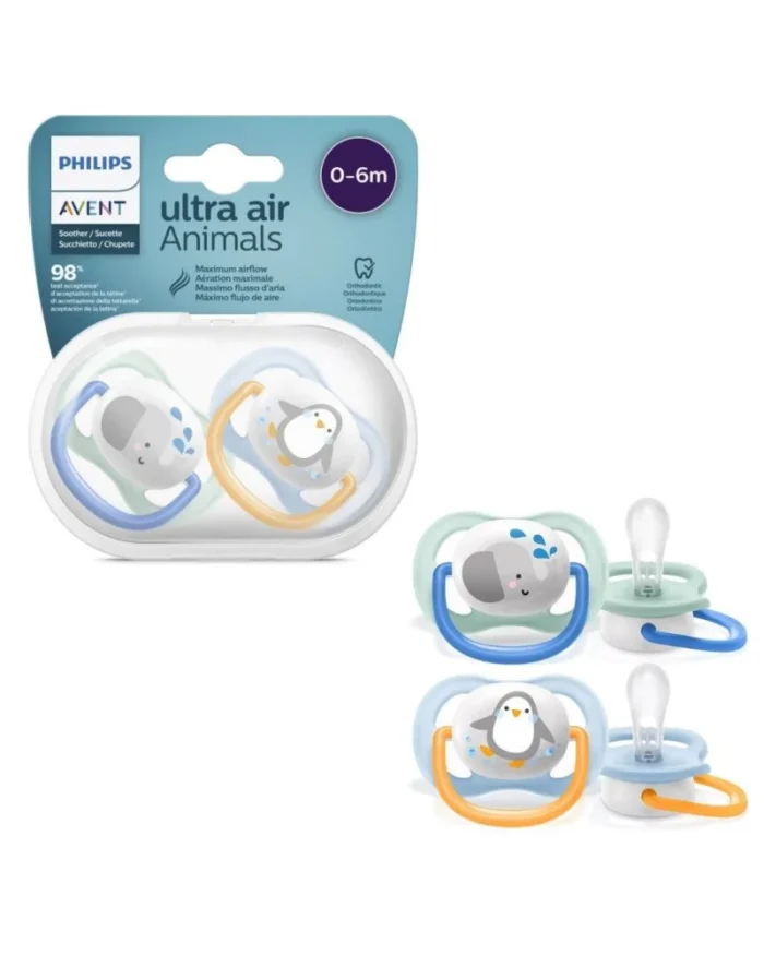 Avent Lot de 2 Sucettes Ultra Air Éléphant Et Pingouin 0-6m Garçon