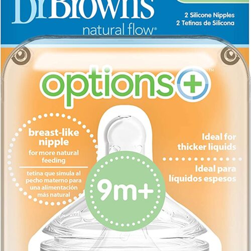 Dr Brown Options+ Lot de 2 tétines pour biberon, col large, coupe en Y (9 m + débit rapide/liquide épaisse)