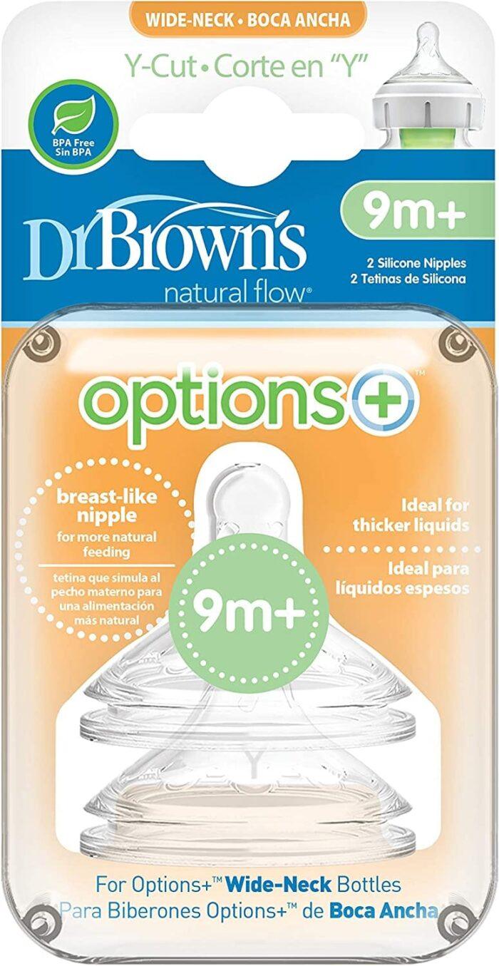 Dr Brown Options+ Lot de 2 tétines pour biberon, col large, coupe en Y (9 m + débit rapide/liquide épaisse)