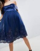 robe Bleu mi longue à épaule dénudé taille L