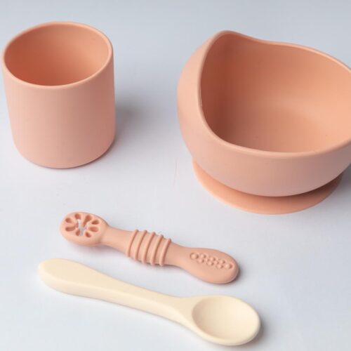 YUMMY Coffret Repas en Silicone - Bol Verre Deux Cuillères - 4M+ Blush