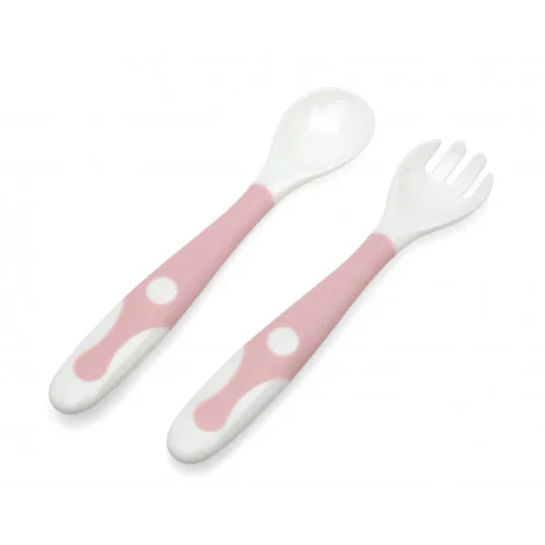 KIOKIDSSET DE CUILLÈRE ET FOURCHETTE POUR ENFANT AVEC BOÎTE ROSE (EMBOUT FLEXIBLE)