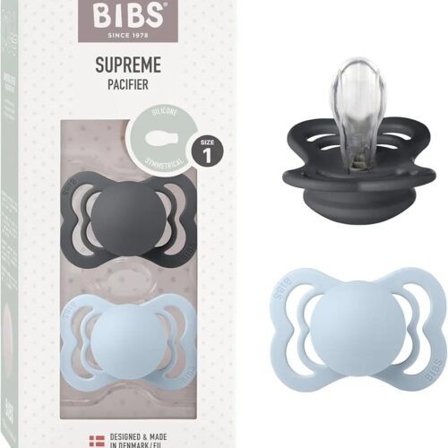 BIBS Lot de 2 sucettes Supreme 6-18 mois fer/bleu