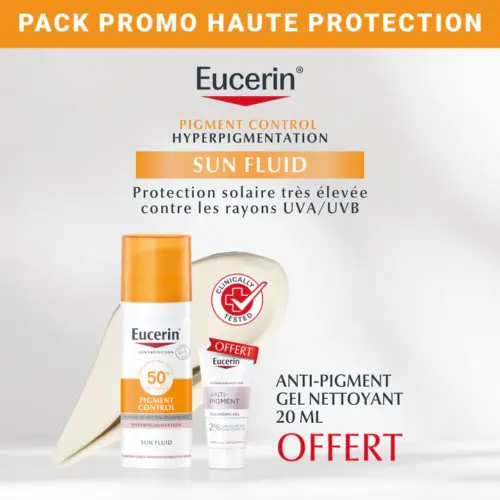 EUCERIN SUN Pigment Control Fluid SPF50+ 50ml Anti-Taches Thiamidol Breveté Teint Unifié = Gel Nettoyant 20ml Offert