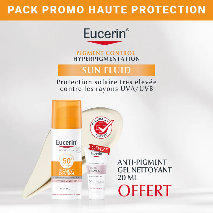 EUCERIN SUN Pigment Control Fluid SPF50+ 50ml Anti-Taches Thiamidol Breveté Teint Unifié = Gel Nettoyant 20ml Offert EUCERIN SUN Pigment Control Fluid SPF50+ 50ml Anti-Taches Thiamidol Breveté Teint Unifié = Gel Nettoyant 20ml Offert