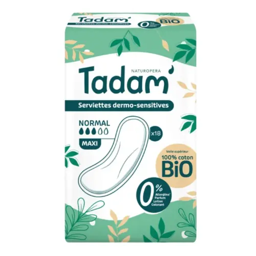 TADAM 18 SERVIETTES DERMO SENSITIVES NORMAL MAXI COTON BIO